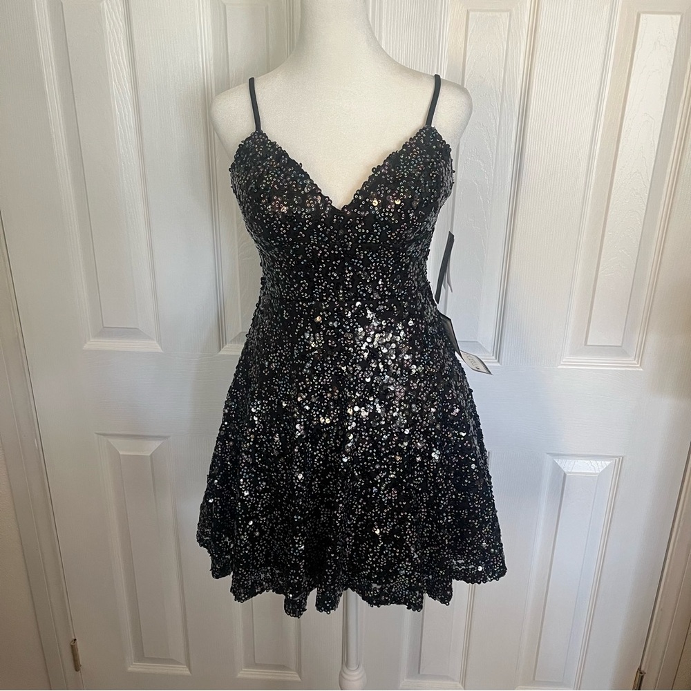 City Studio Black Sequin Fit & Flare Party Dress with Back Bow 8112PD8AT3 3/4